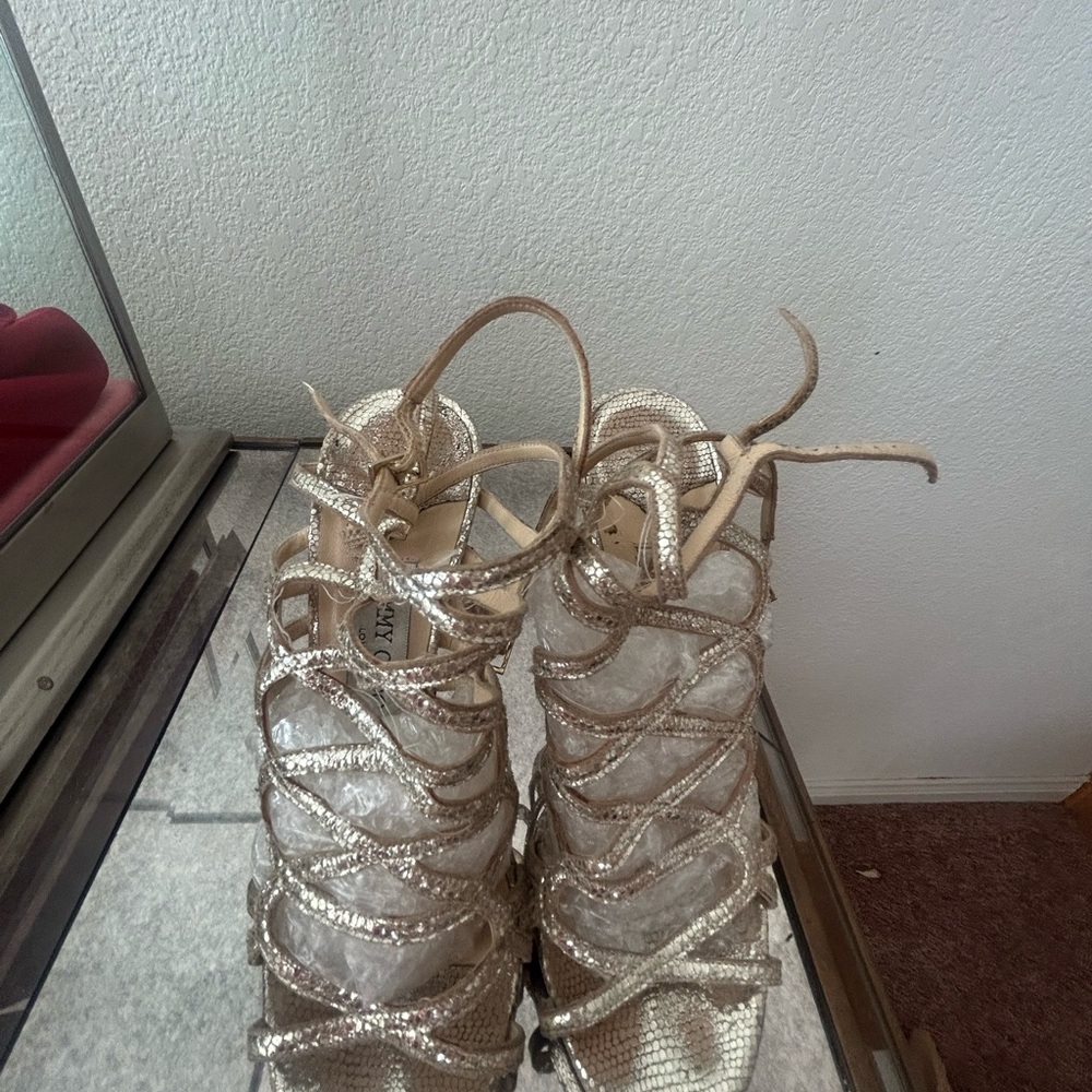 Jimmy Choo Shimmering Gold Metallic python Strappy Heels w/dust bag - Picture 7 of 10